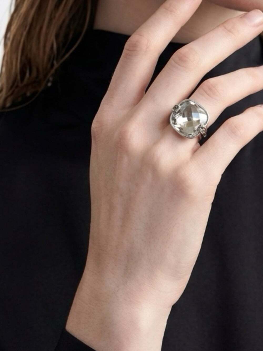 Brighton "Venus Rising" Silver Plated Smokey Faceted Cushion-Cut Ring Size 8